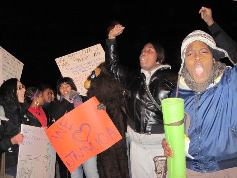 A protest at Jamaica High School in Queens, one of the 19 schools the city planned to phase out until a judge blocked the closings.